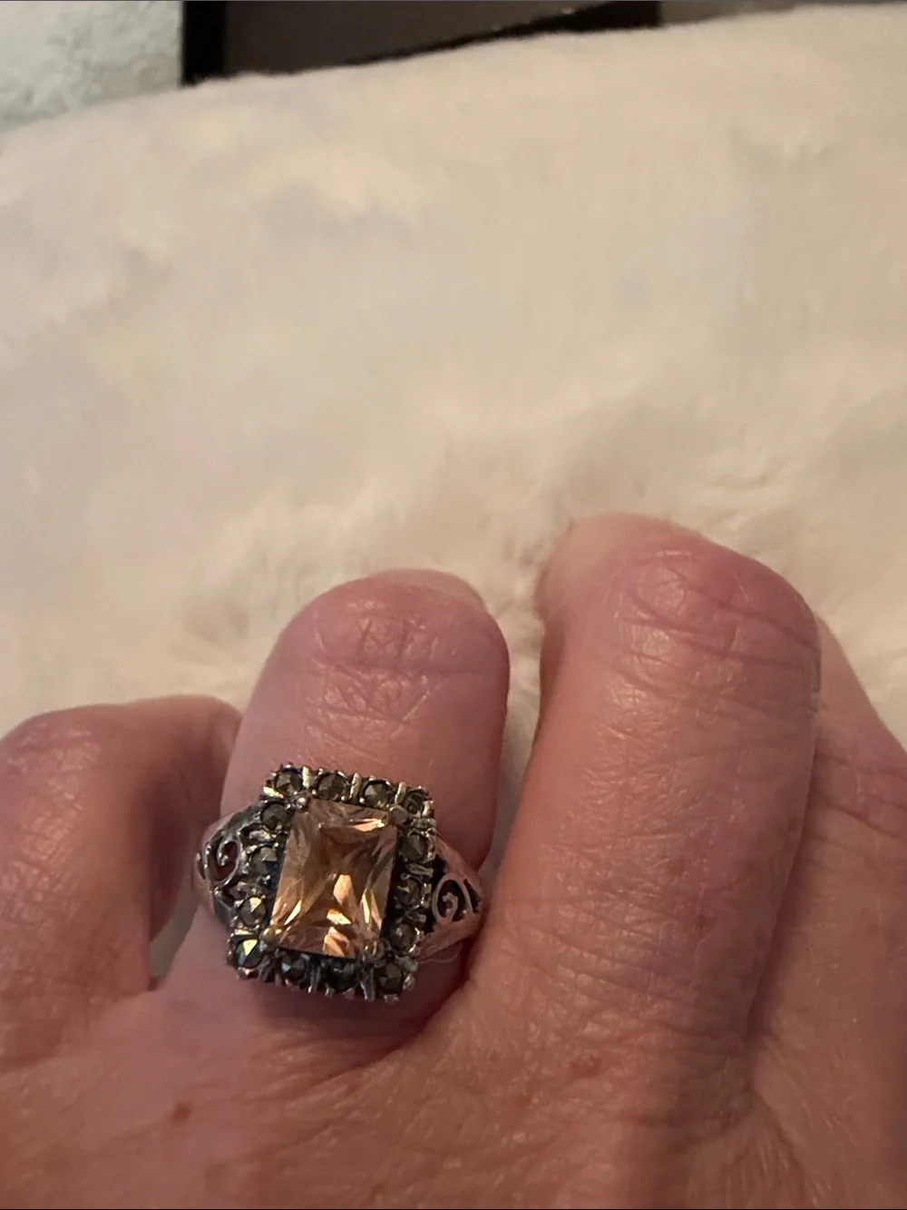 Vintage-Inspired Champagne Stone Silver Ring - Women Jewelry